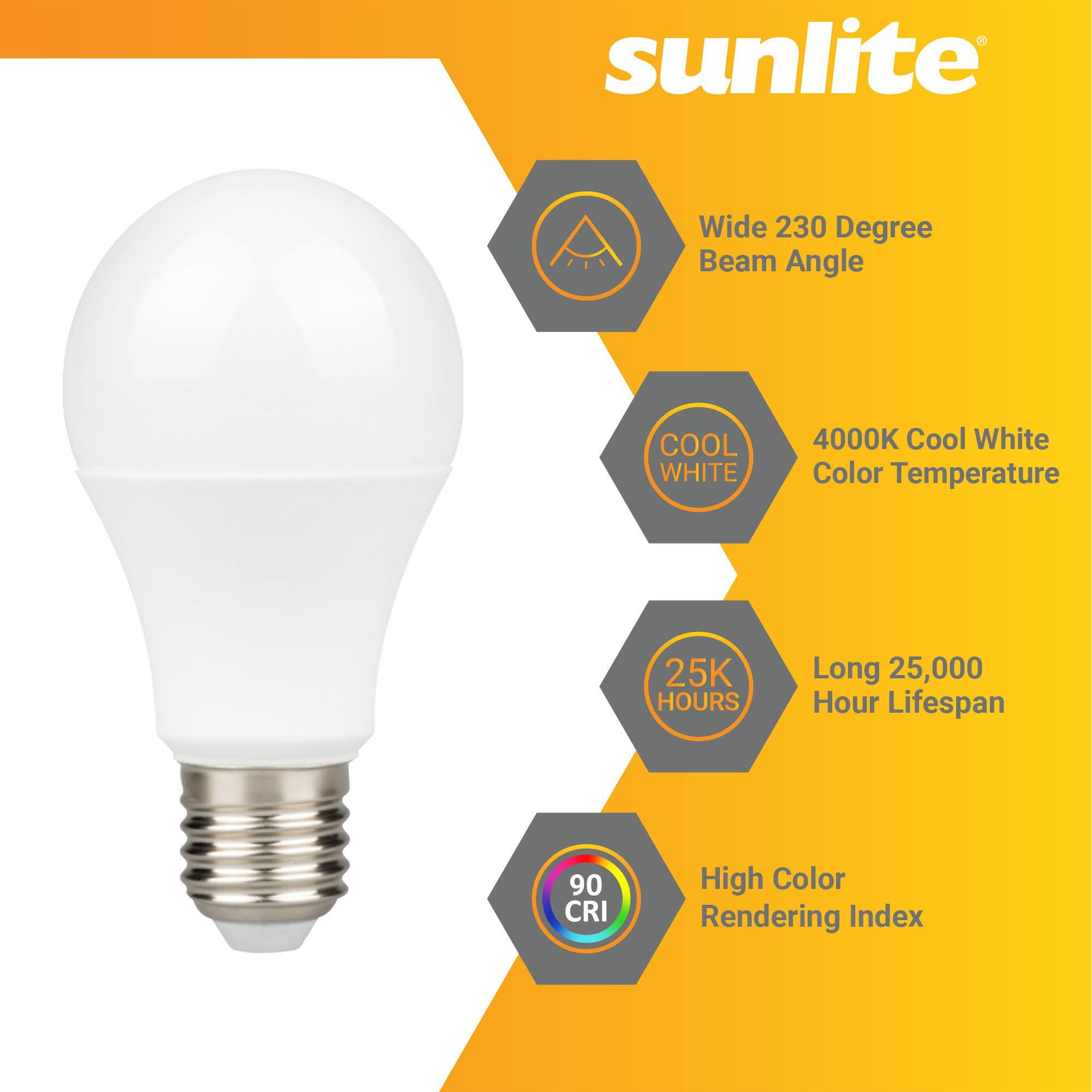 Sunlite LED A19 Light Bulb, 9W (60W Equivalent), Dimmable, 800 Lumens, 4000K Cool White, Medium E26 Base, 6 Pack