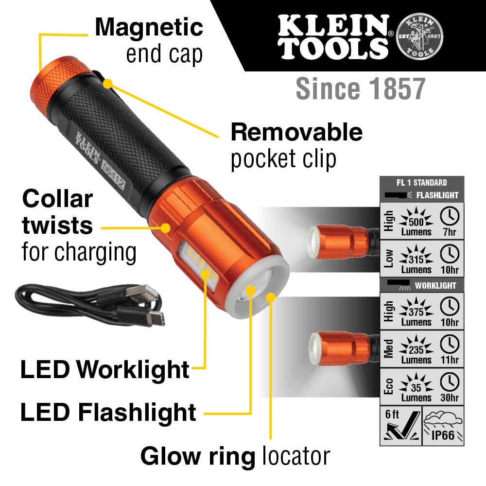 Klein Tools Rechargeable LED Flashlight, 500 Lumens, USB-C, Black, Model 56412, Anodized Aluminum, Pocket Clip, Magnet