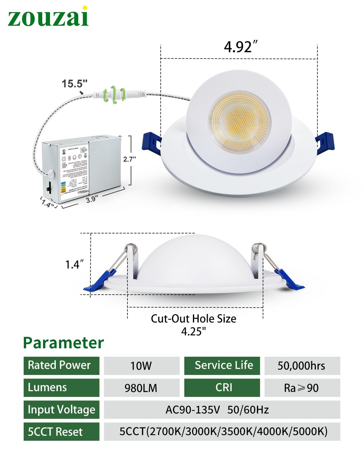 Zouzai 4 Inch 5Cct Gimbal Led Recessed Lights  360+90 Adjustable Directional Recessed Lighting  2700K/3000K/3500K/4000K/5000K Dimmable Retrofit Eyeball Can Lights With Jbox  Etl(White  1 Pack)