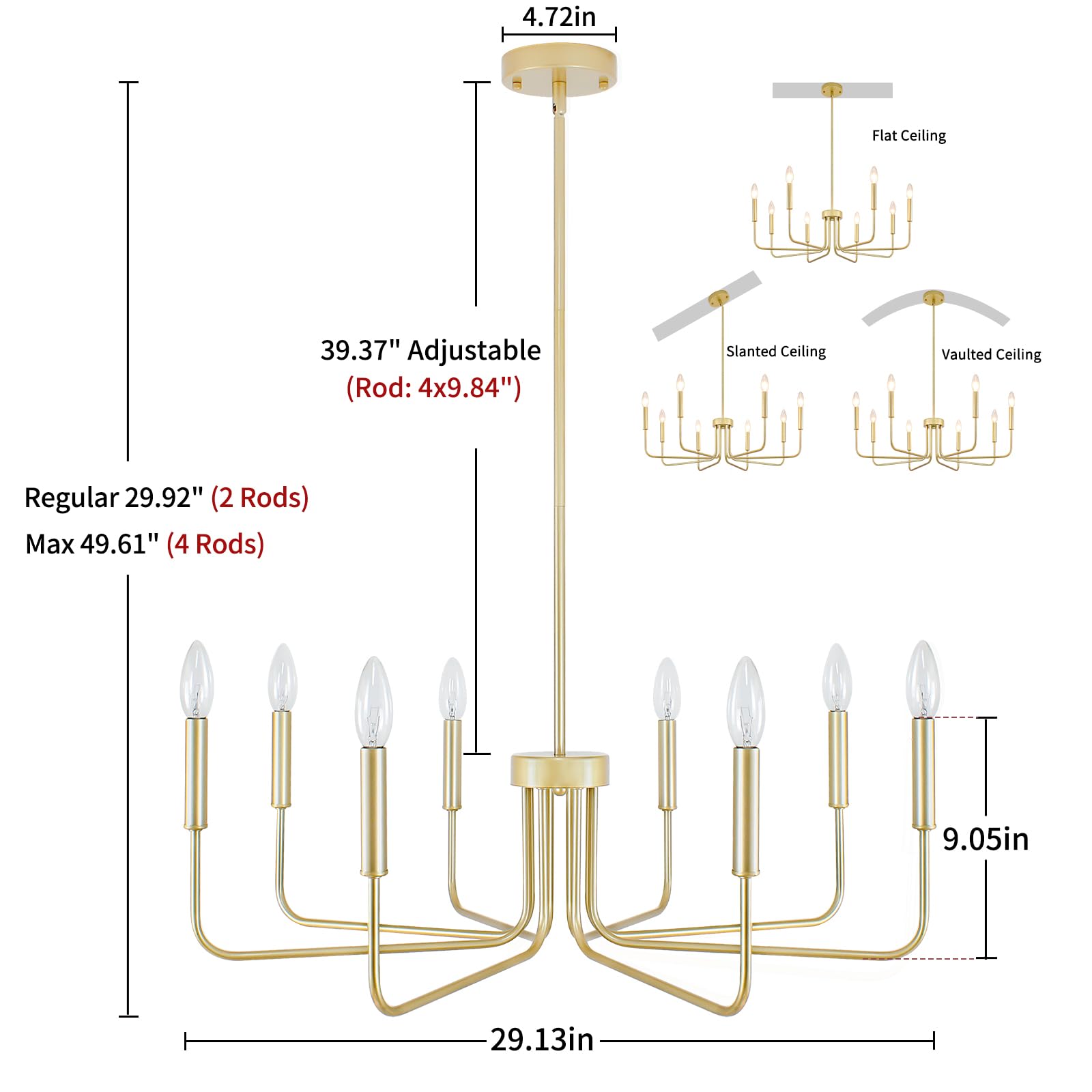 Gold Chandelier, 8-Light Farmhouse Chandeliers For Dining Room, Gold Candle Chandelier Light Fixtures For Kitchen, Living Room,