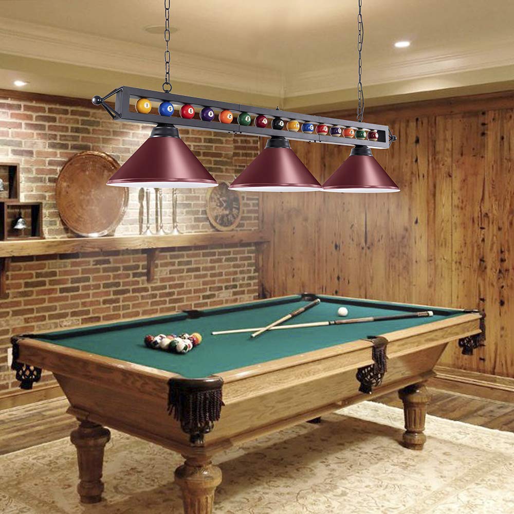 Wellmet Billiard Pool Table Light, 3 Lights, 59in Metal Fixture, Red, Model CHL-002-light-Red 02