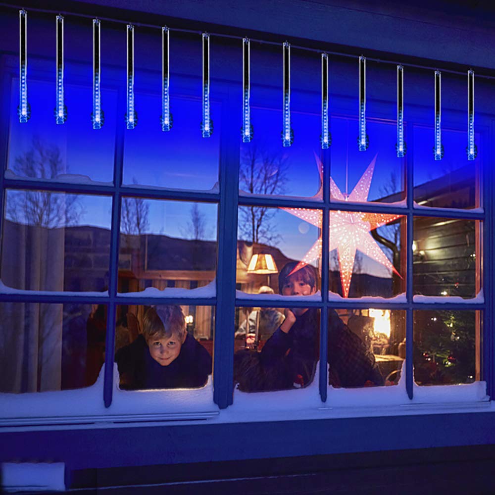 Kwaiffeo Meteor Shower Christmas Lights, 12 Blue Icicle Cascading Tubes, Ul Plug, Perfect For Holiday Decorations And Parties