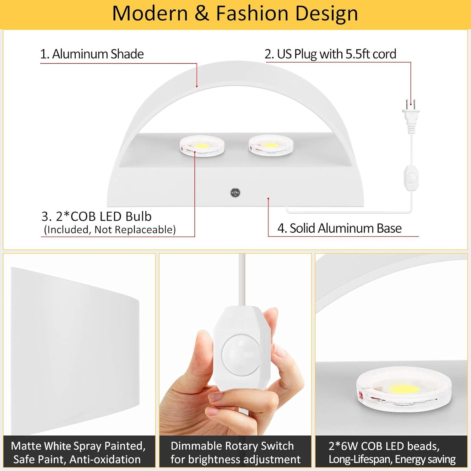 Lightess Plug In Wall Sconces 12W Modern Led Wall Light Dimmable Indoor Up Down Wall Lamp For Bedroom Living Room Hallway Stairc