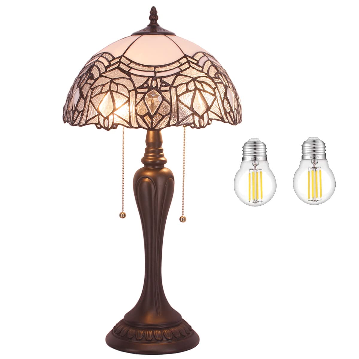 WERFACTORY Tiffany Lamp White Bent Stained Glass Crystal Table Lamp Bedside Desk Reading Light 12X12X22 Inches Decor Bedroom Liv