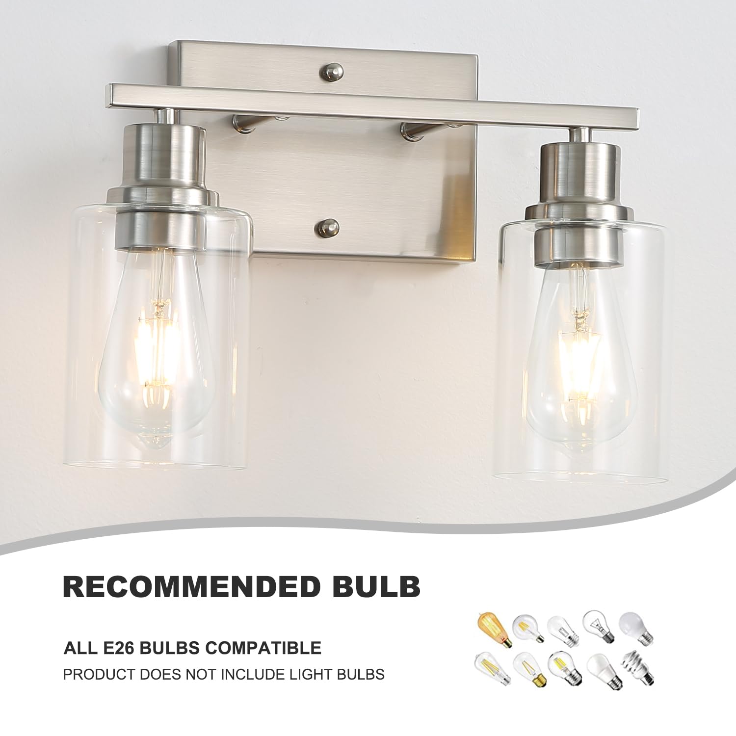 Jodauirt Farmhouse Wall Sconces 2-Lights Brushed Nickel Bathroom Vanity Light Fixtures,Classic Wall Sconces With Clear Glass Shades, Modern Wall Lighting ?For Mirror,Bedroom,Living Room