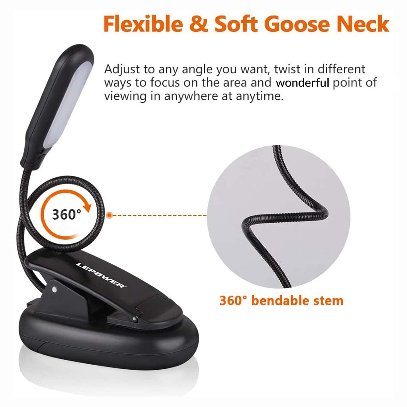 Lepower Clip-On Book Light With 5 Led Eye Care, 3 Color Changeable, Portable Reading Lamp, Battery & Usb Operated, Bed Light For