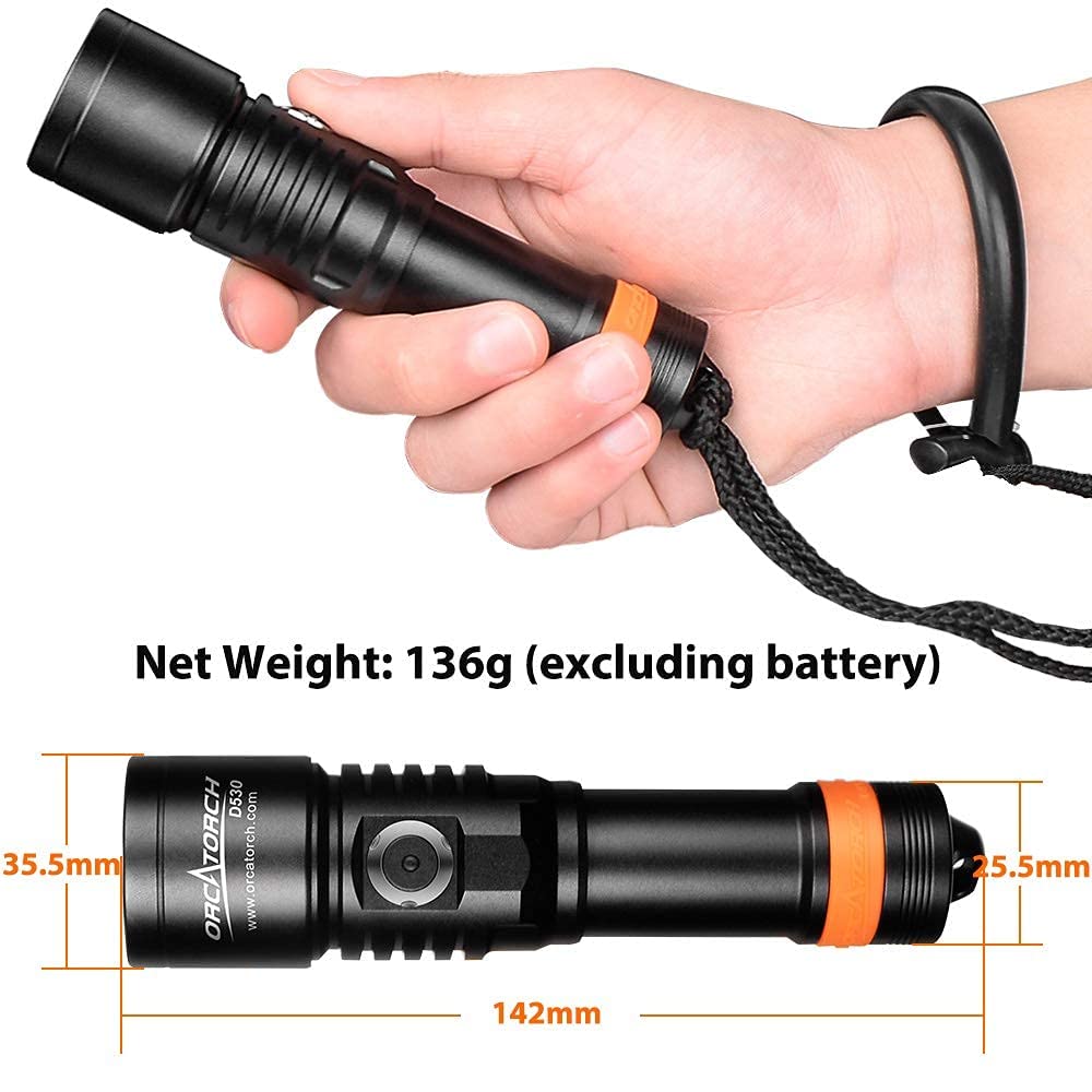 Orcatorch D530 Red Led Dive Light Scuba Flashlight  210 Lumens  6 Degrees Narrow Beam Angle  Titanium Alloy Side Button Switch  2 Lighting Modes With Battery Indicator For Underwater 150 Meters Diving
