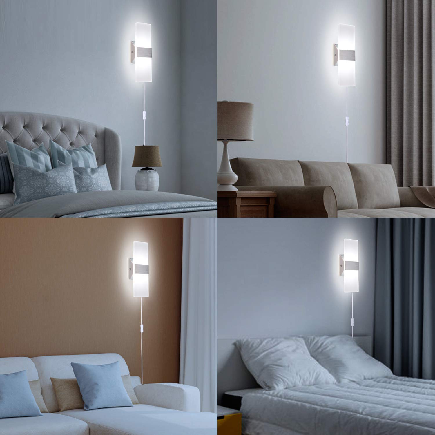 TRLIFE Modern Wall Sconce - 12W Acrylic Light, 6000K Cool White, Plug-in with 6FT Cord, On/Off Switch, 1 Pack