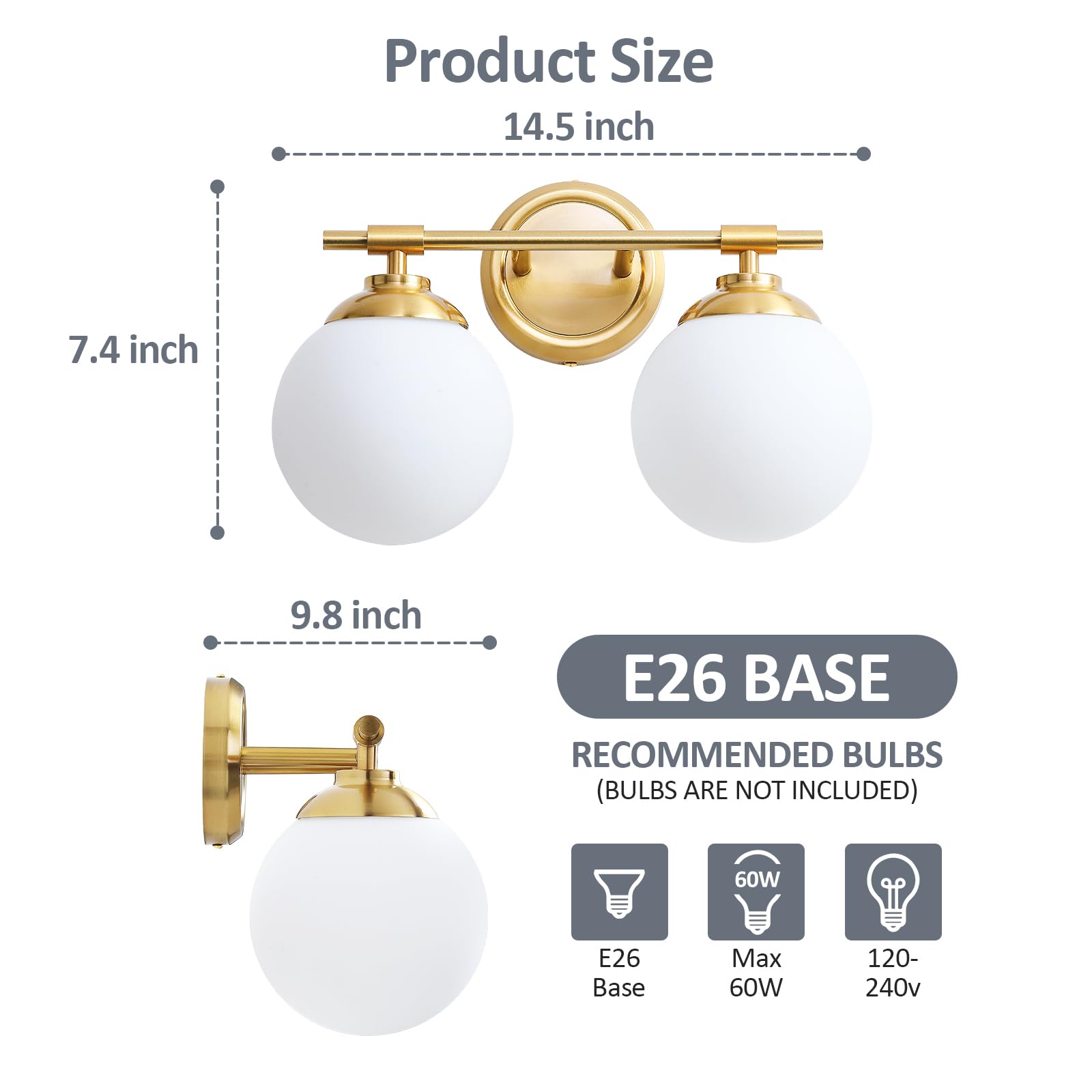 Rayogale 24 Inch Gold Bathroom Vanity Light Fixtures, 3 Lights with Milk Glass Shade, Model 7201