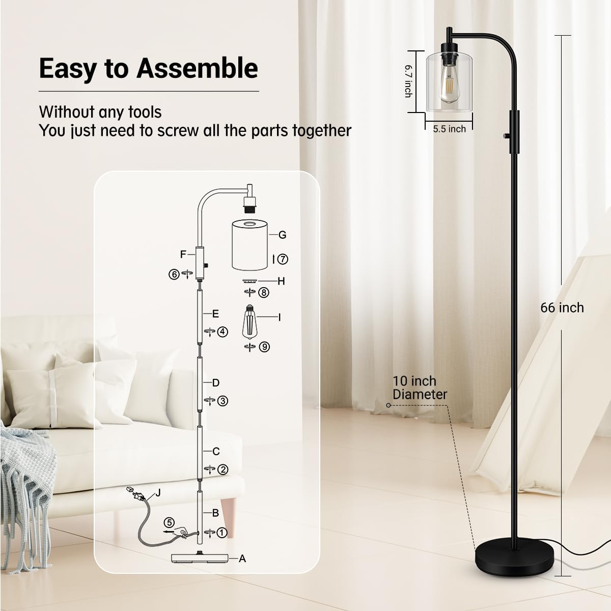 BoostArea Dimmable Floor Lamp, Glass Lampshade, 6W LED Bulb, Modern Industrial Design, Clear Glass, Model B1431