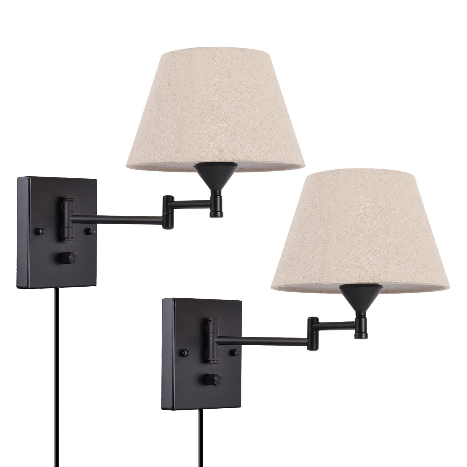 Pauwer Plug in Wall Sconce Set of 2, Swing Arm Lamp, Metal Fixture with Fabric Shade, Beige, Model Pauwer-WS2-PlugIn