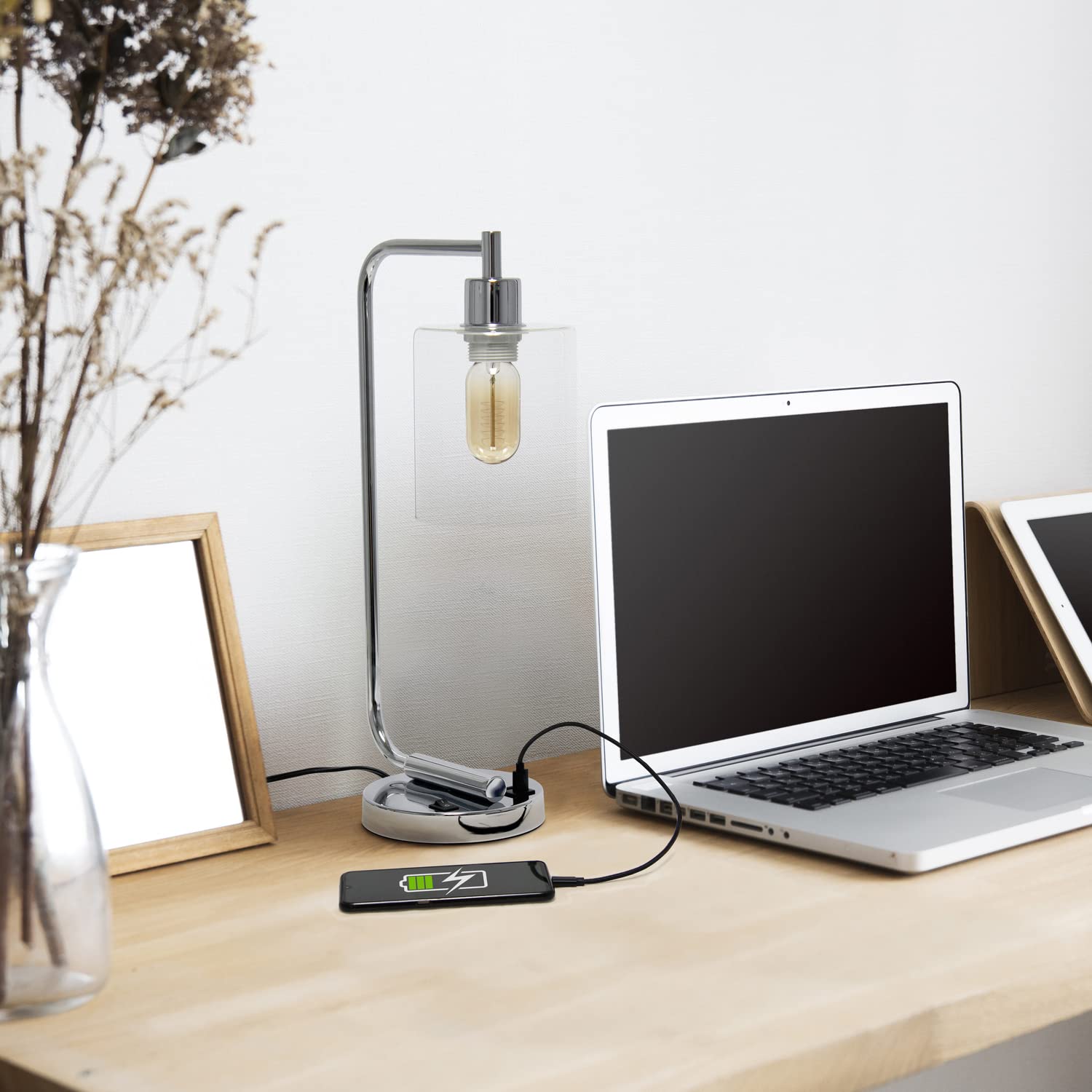 Simple Designs Industrial Iron Lantern Desk Lamp with Dual USB Ports, Chrome, Model LD1066-CHR, USB-No Bulb