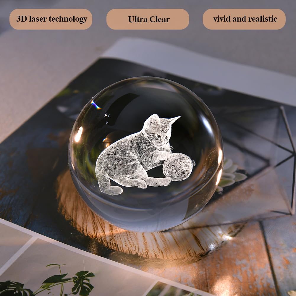 Zrenjhus 80Mm Cat Lover Gifts For Women 3D Laser Cat Night Light Cat Crystal Ball Decor Kitten Collectibles Stuff For Room Decor