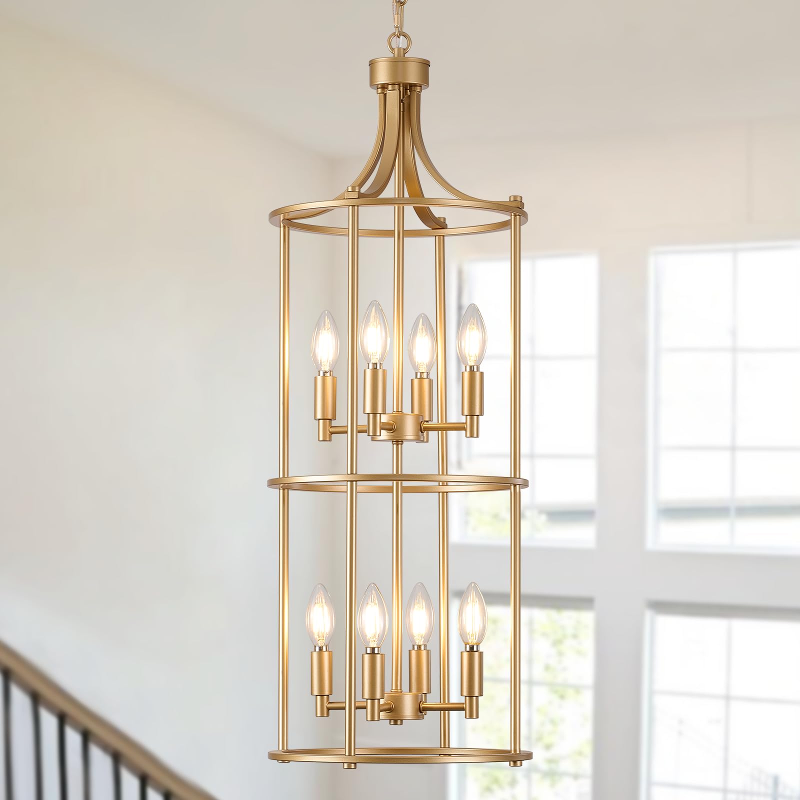 Miaybph Foyer Chandeliers For High Ceilings, Lantern Tiered Gold Chandelier Light Fixture Metal Modern Farmhouse Pendant Lights 