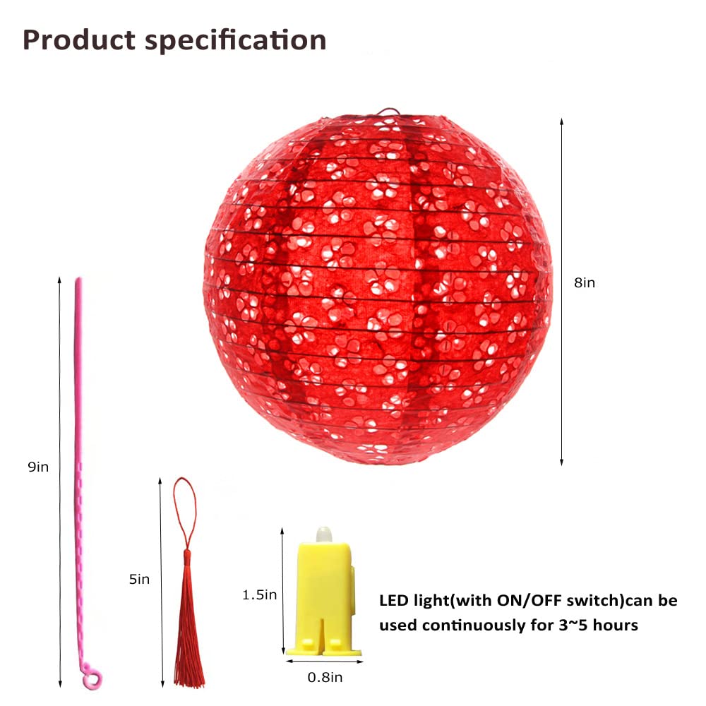 12Pcs Chinese Paper Lanterns With Led Lights Hollow Out Hanging Asia Japanese Paper Lamps With Tassel And Walking Stick, 8 In Lanterns For Chinese New Year Lanterns Decorations(Round)