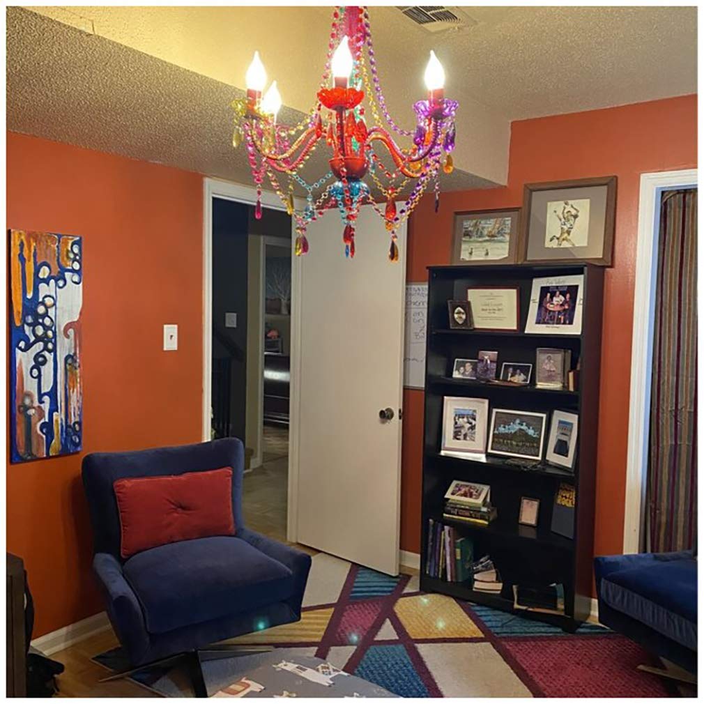 Gypsy Color 6 Light Multicolor Plug-in Chandelier, Red Metal Frame, Glass Stem, Acrylic Crystals, H26”xW22”, Model GYLGMCP