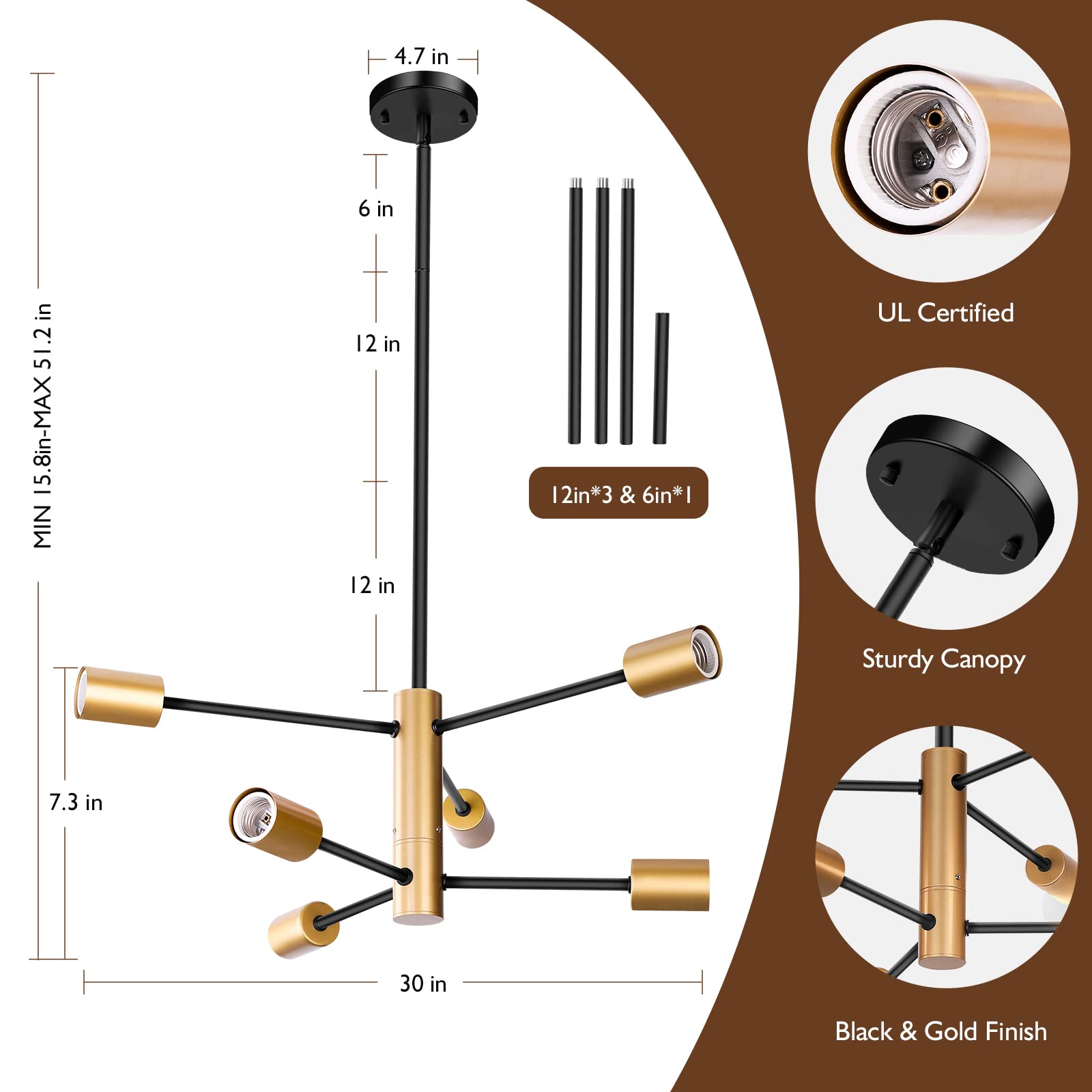 Sheetea 6-Light Sputnik Chandelier, Black And Gold Chandeliers Pendant Lighting, Modern Farmhouse Dinning Room Light Fixture Mid Century Brass, Height Adjustable For Living Room Bedroom Kitchen Island