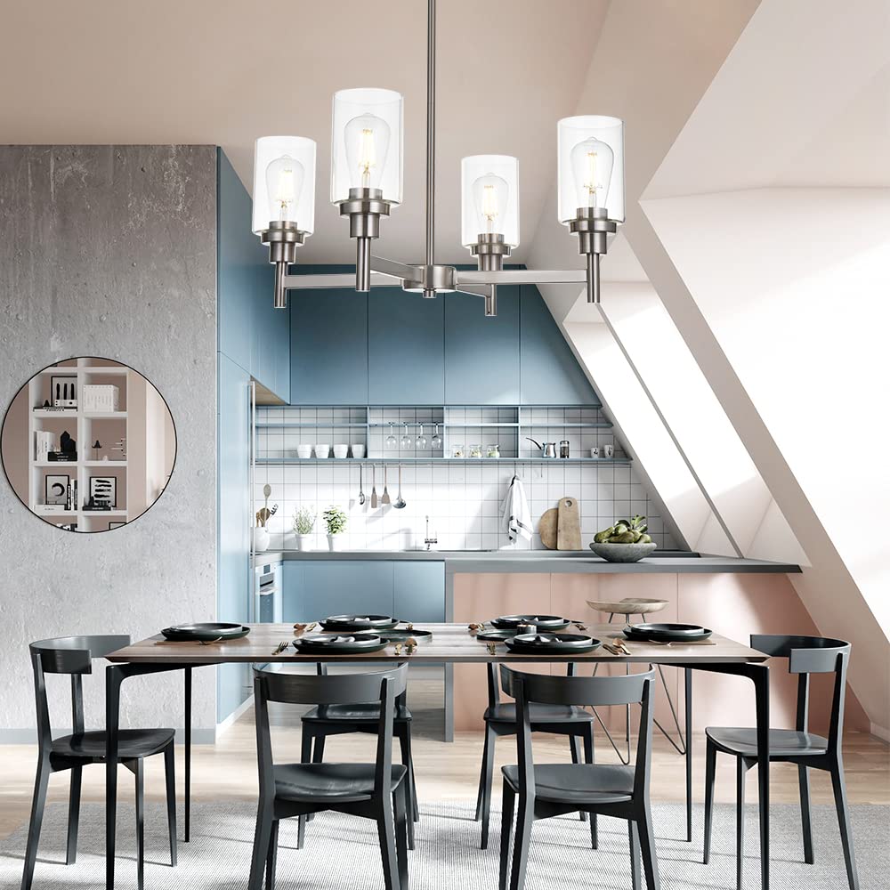 VINLUZ 4 Light Modern Chandelier Brushed Nickel Pendant Lighting for Dining Room, Kitchen, Living Room - Model 210-4SN, Clear Glass Shades