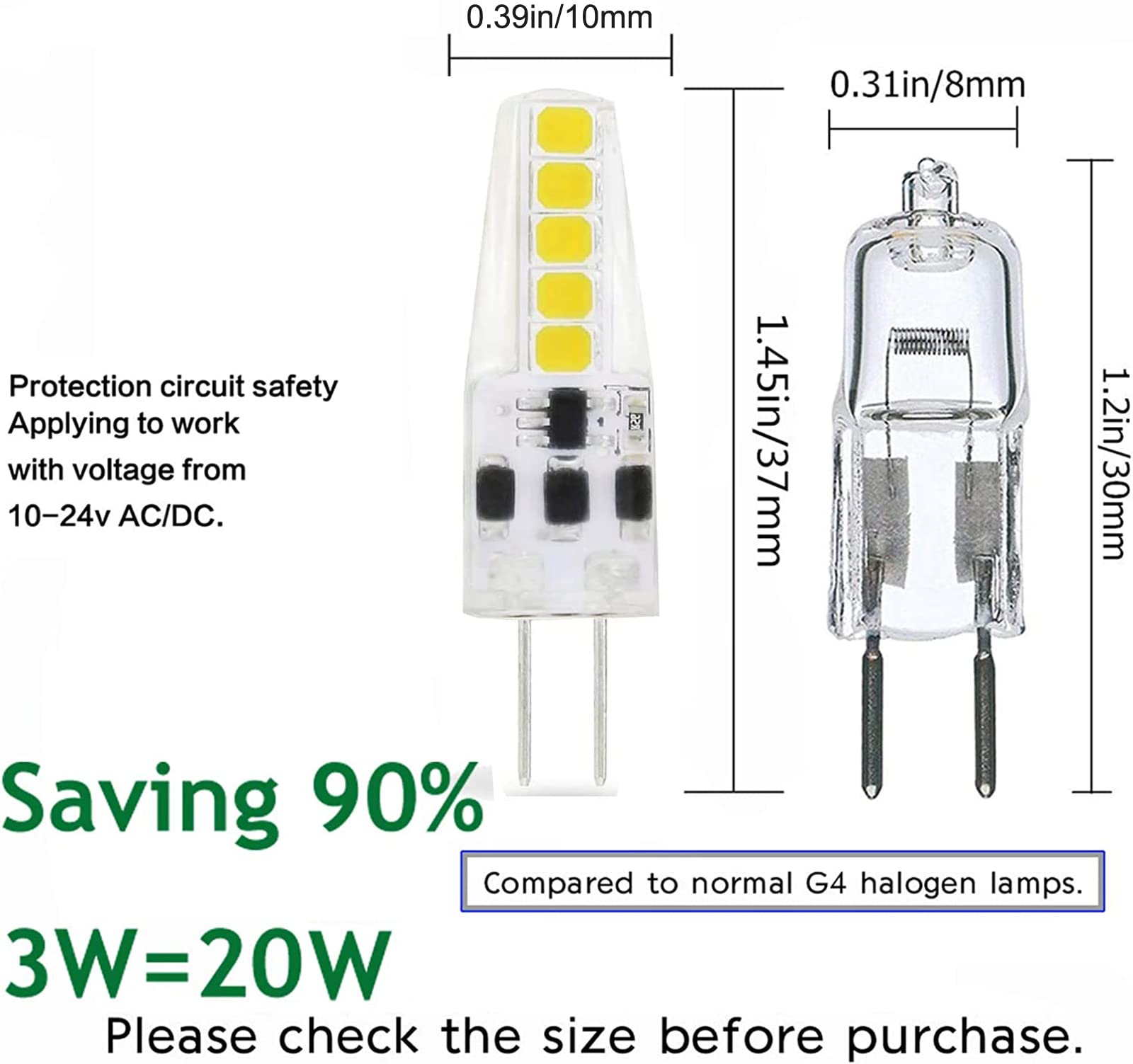 Dopkuss G4 Led Bulb 10 Pack Bi-Pin Base Ac 12V 24V G4 Led Bulb 2W 20W Halogen Replacement 6000K Warm White Dustproof Shockproof