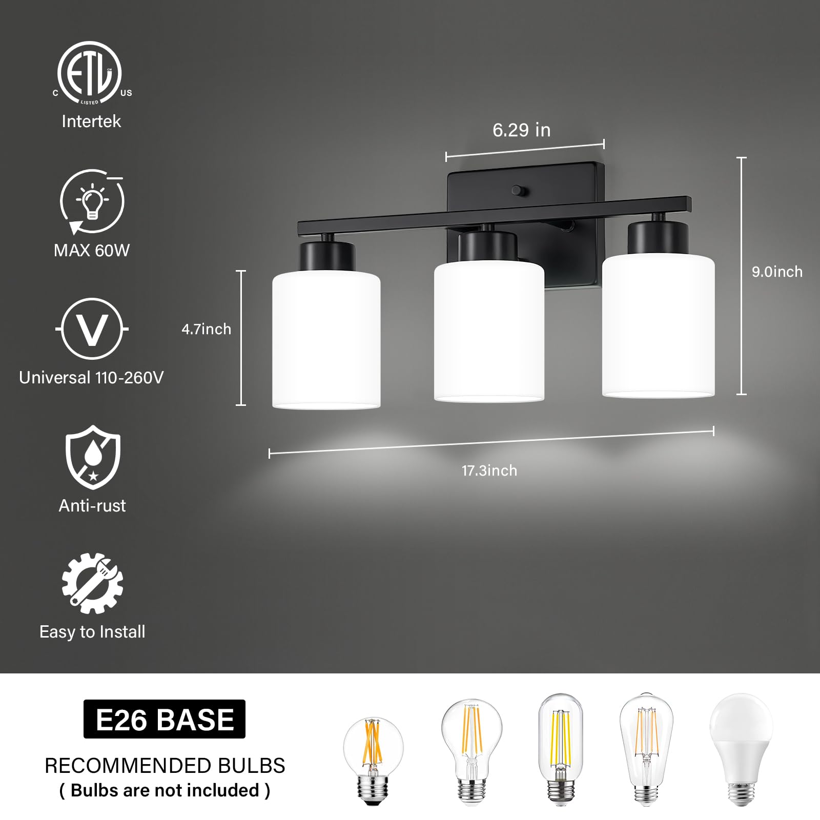 Fonmyim Black Bathroom Light Fixtures, 3-Light Modern Vanity Light Over Mirror, Wall Sconces With Milky White Frosted Glass Shad