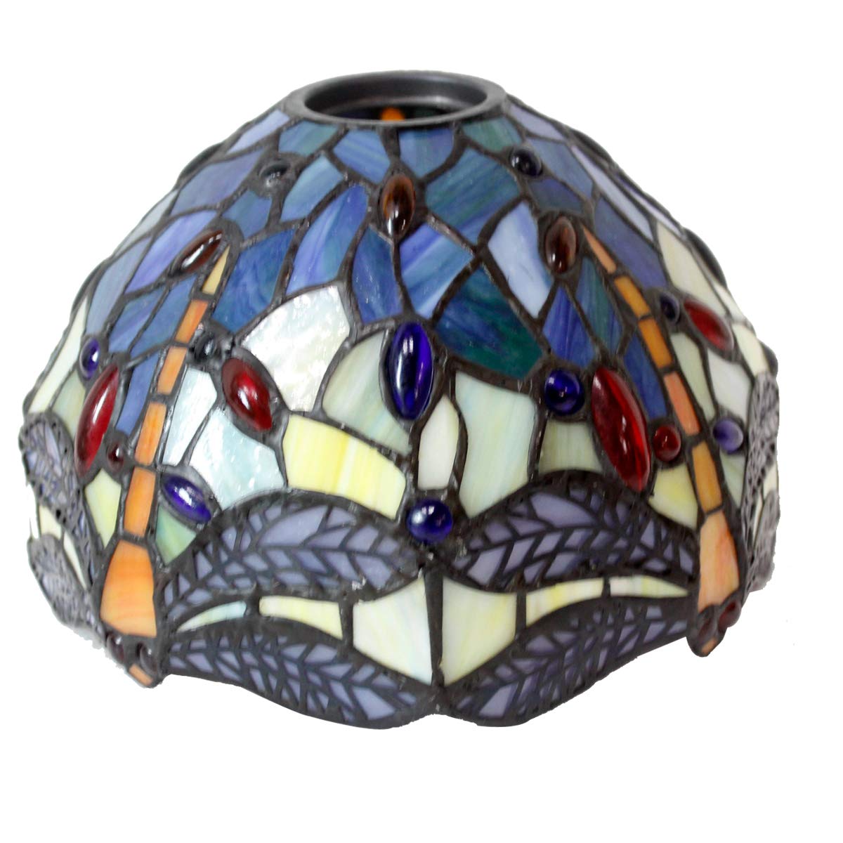 WERFACTORY Tiffany Table Lamp, Stained Glass Dragonfly Design, 8x10x21 Inches, Blue Yellow, Metal Leaf Base, S128 Series