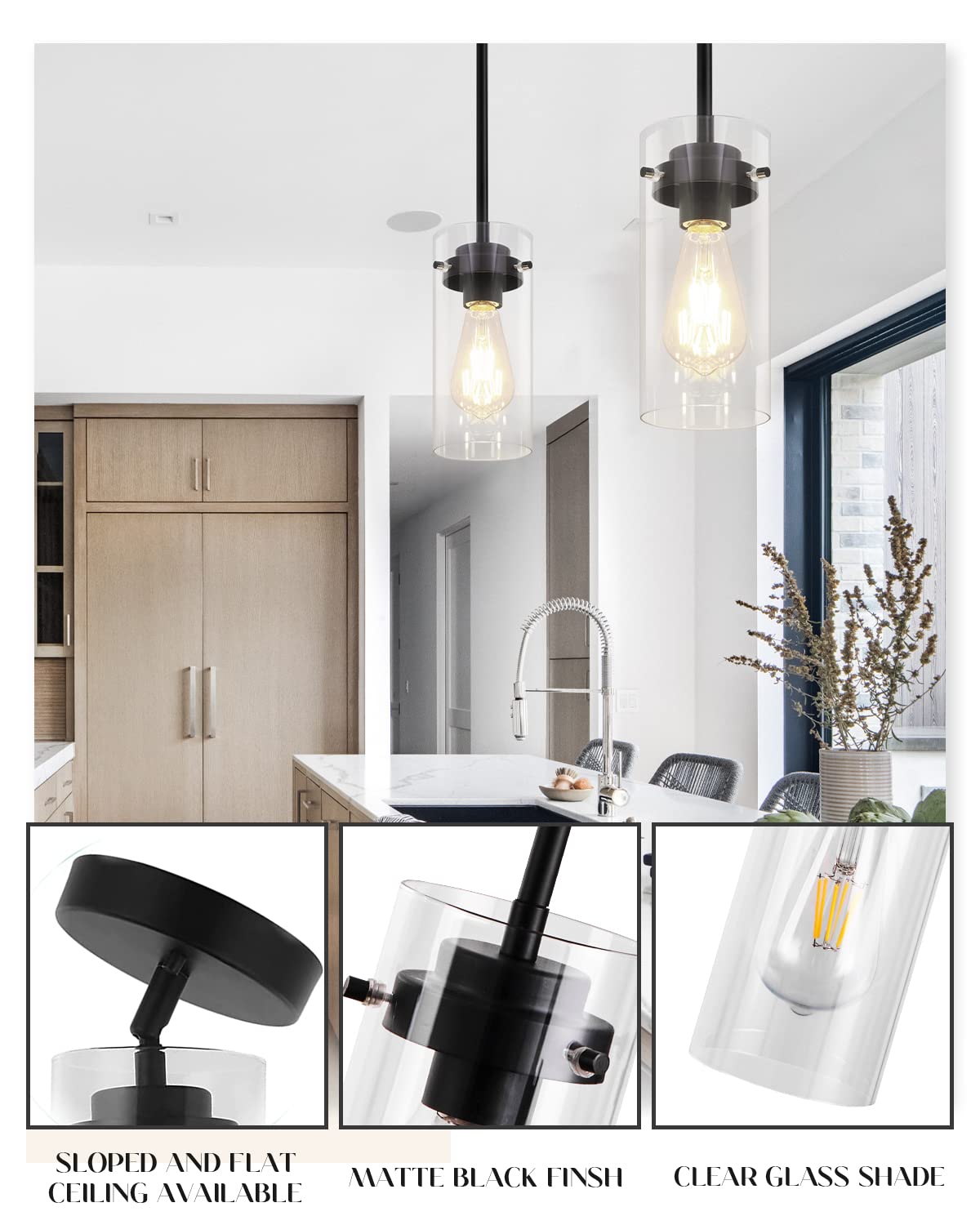 EAPUDUN Pendant Lights - Clear Glass Shade, Matte Black, 2 Pack, Farmhouse Kitchen Ceiling Fixtures