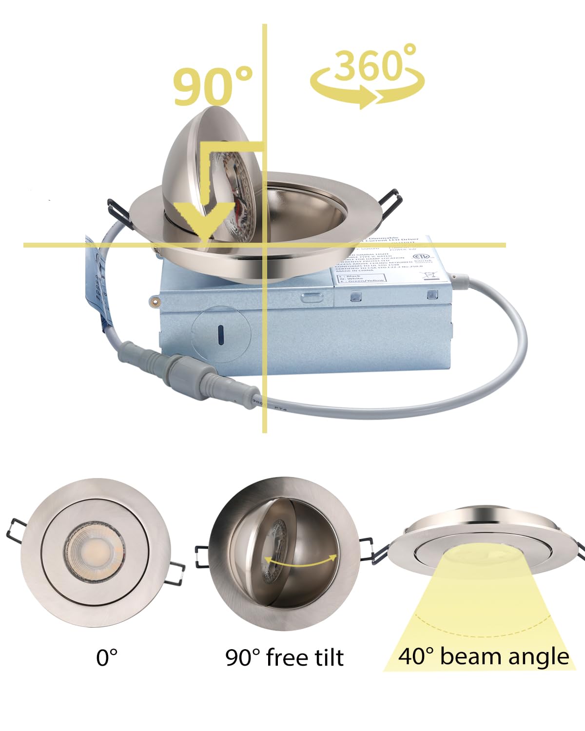 POPANU 4-inch LED Recessed Lighting - 6 Pack Adjustable Spotlight, Brushed Nickel, Dimmable, Model 4SGBN-09
