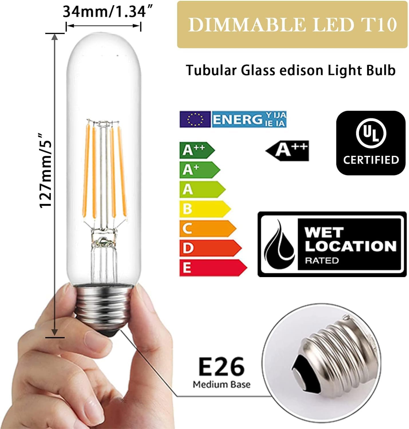 NOVELUX 5 Inch Edison Bulb, 6000k Neutral White, 6W Dimmable T10 Clear Glass, 6 Pack for Vanity Lights, Sconces, Pendant