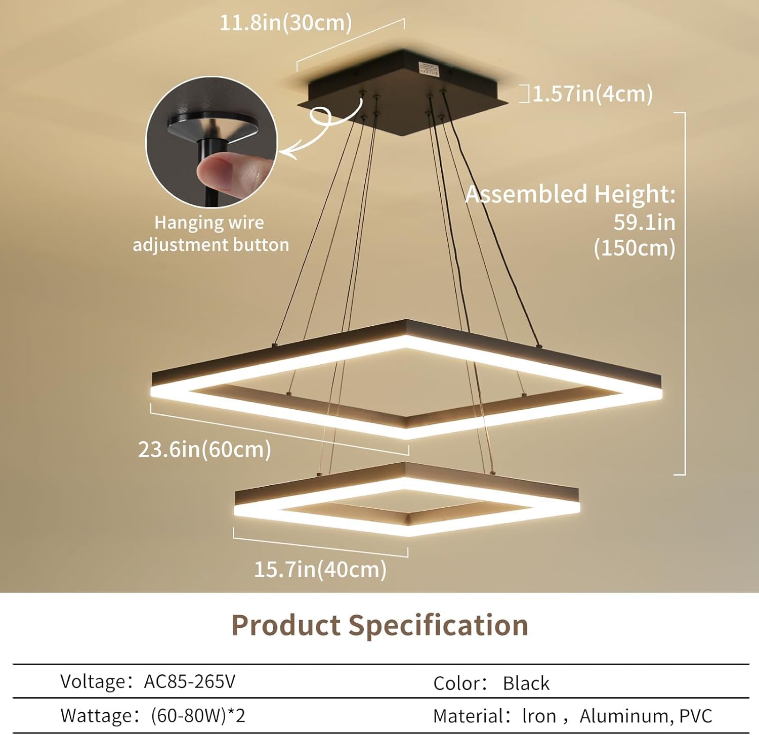 Matven Modern Ceiling Chandelier, Dimmable 3 Color Modes, 15.7+23.6in Black Acrylic Pendant Light Fixture for Kitchen