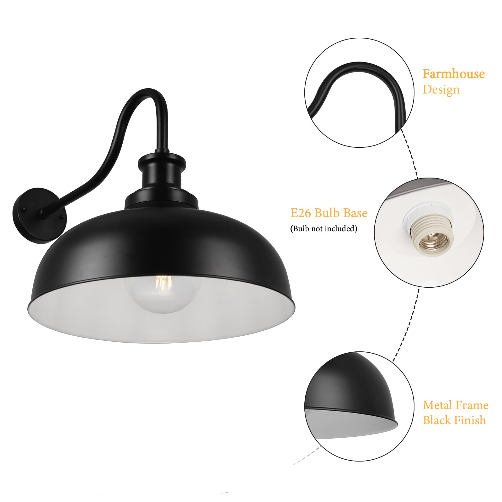 Diyel Outdoor Barn Light 16 Inch Dome Outdoor Wall Sconce Farmhouse Exterior Wall Mount Light Vintage Wall Lighting Fixture Industrial Black Wall Lantern For Porch  Entryway  Garage  3 Pack