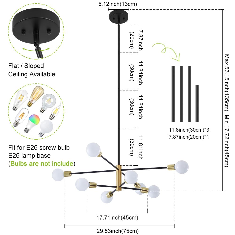 Deyidn 8-Light Sputnik Chandelier, Black Gold Metal Pendant Lighting For Modern Living Spaces