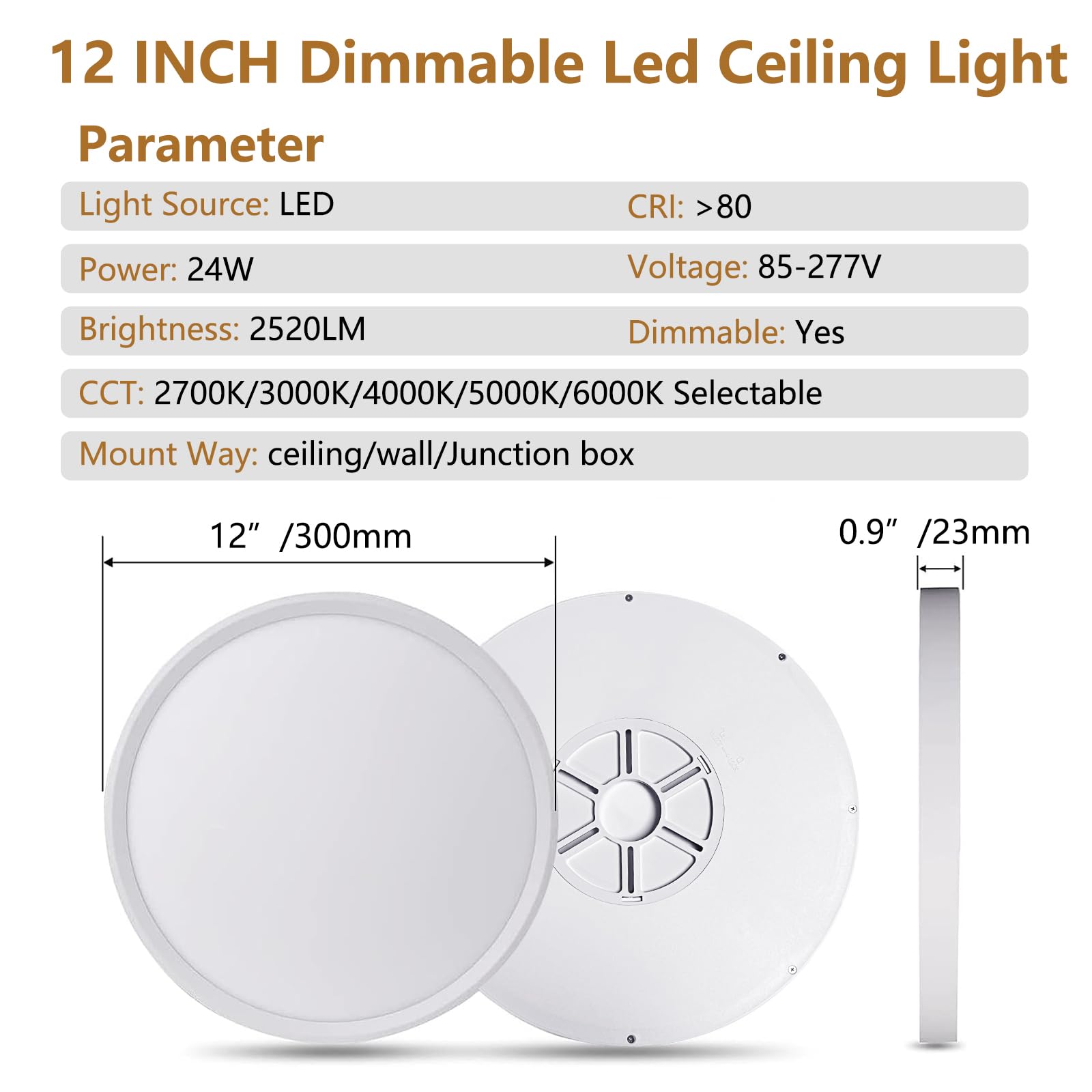 Dimmable 12Inch Led Flush Mount Ceiling Light, 24W, 2520Lm, 2700K/3000K/4000K/5000K/6000K Cct Selectable,Led Round Flat Panel Li