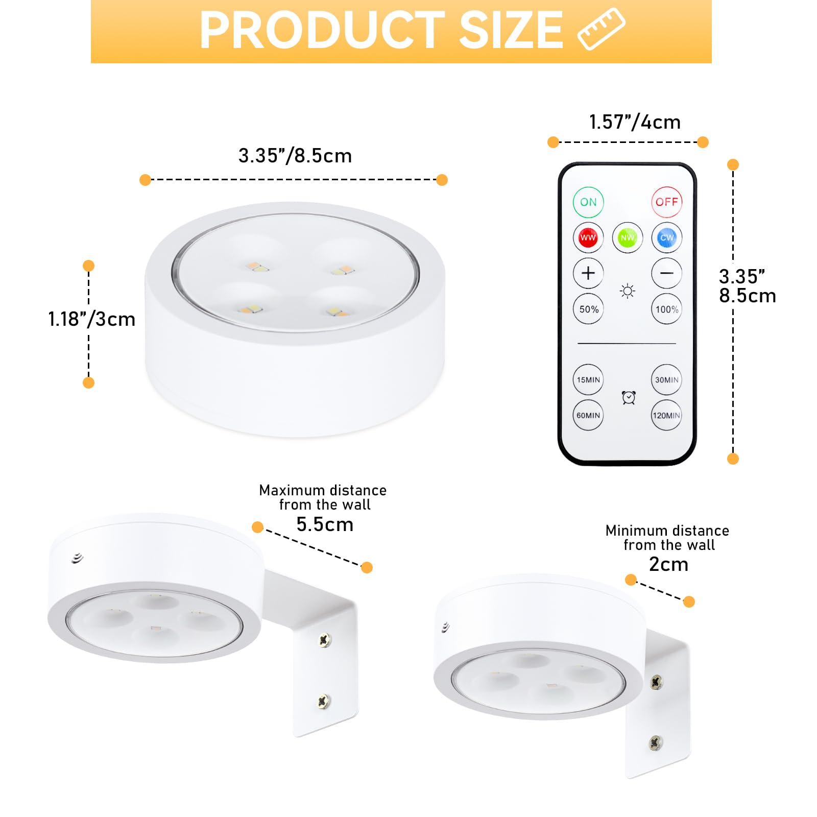 KELUOLY 2-Pack LED Picture Light, Battery Operated, Dimmable with Remote, White, Model XY-BQ3S-2B