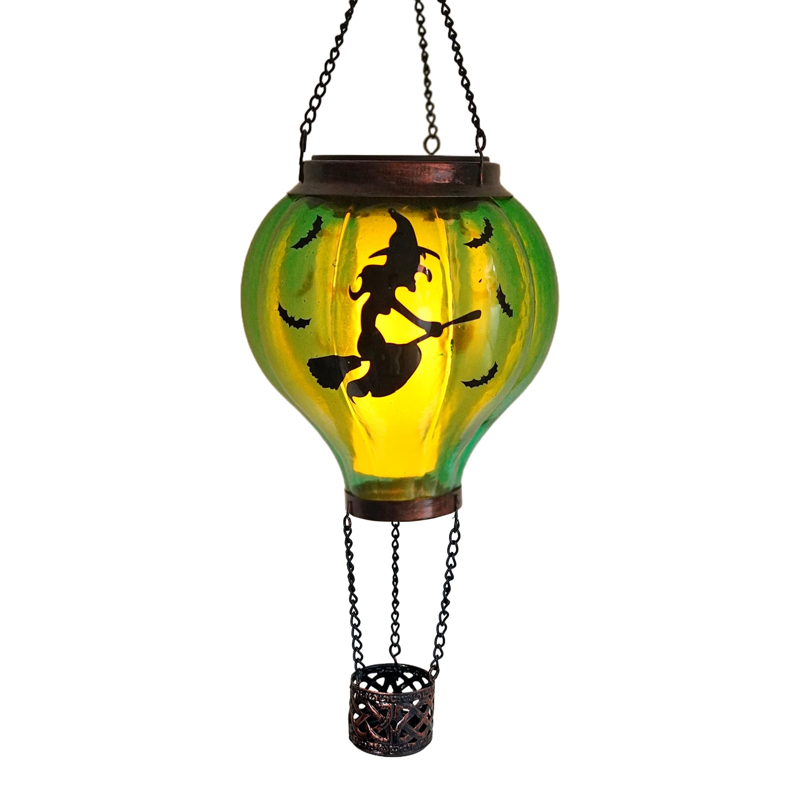 Halloween Decoration Outdoor Hot Air Balloon Solar Lantern with Flickering Flame, Hanging Outdoor Lanterns with Flying Witch Des