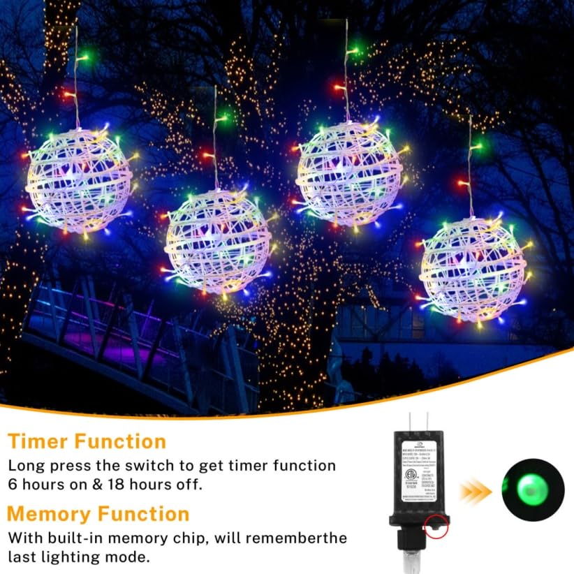 Outdoor Christmas Balls Lights 4 Pack Hanging 11.8 Led Garden Sphere Tree Lights 8 Modes Waterproof String Lights With Memory Timer Plug For Party Yard Porch Eave Patio Home Decoration-Multicolor