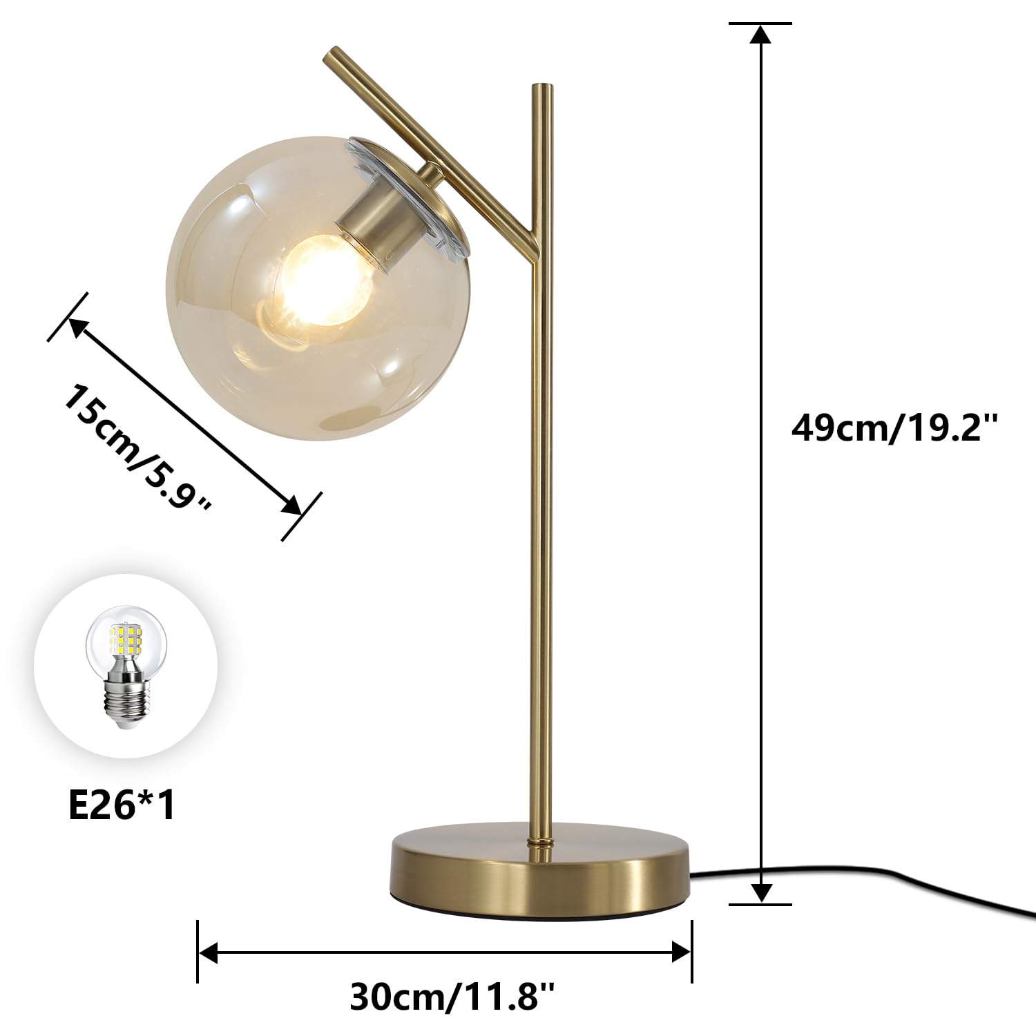 Fulesi Mid Century Modern Table Lamp Gold Globe Nightstand Lamp With Cognacs Glass Lampshade Metal Brass Desk Lamp For Bedroom L