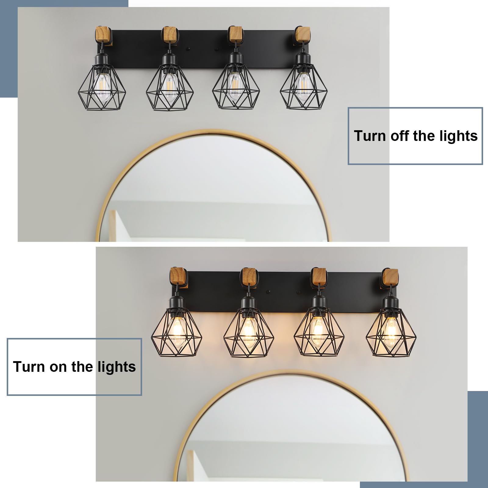 4 Light Farmhouse Vanity Light For Bathroom, Wood Bathroom Vanity Light Fixtures Over Mirror, Rustic Sconces Wall Lighting With