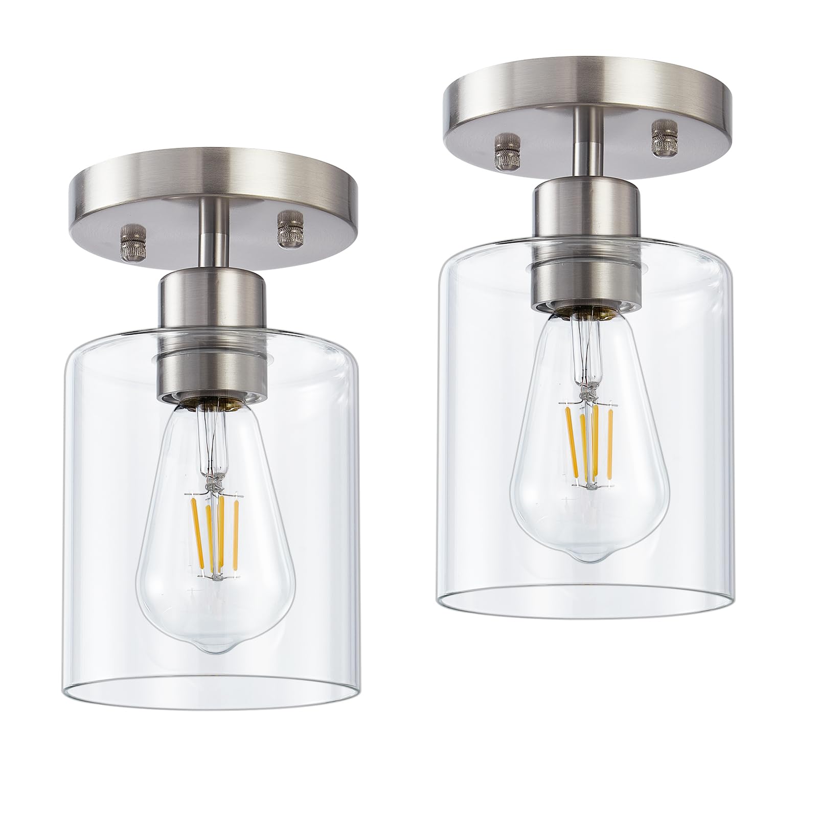 1-Light Flush Mount Ceiling Light, Brushed Nickel Hallway Light Fixture, Small Kitchen Lighting with Clear Glass Shade, for Entr