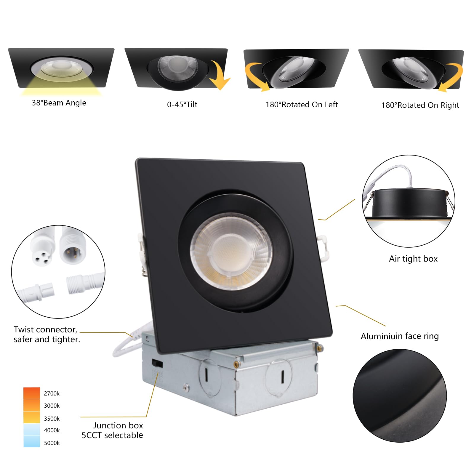 Knlnny Ware Square Black Led Gimbal Lights 6 Pack, Recessed Ceiling Light With Junction Box,5Cct Selectable,9W 750Lm,Dimmable Sl