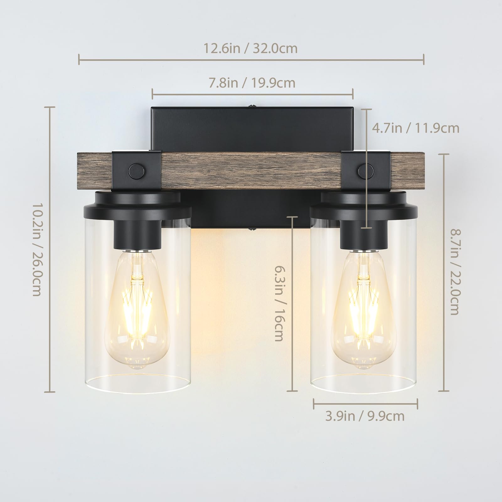 GoYeel 2-Light Wooden Wall Sconce - Rustic Bathroom Light Fixture with Clear Glass Shade, Industrial Wood Design for Hallway & Bedroom