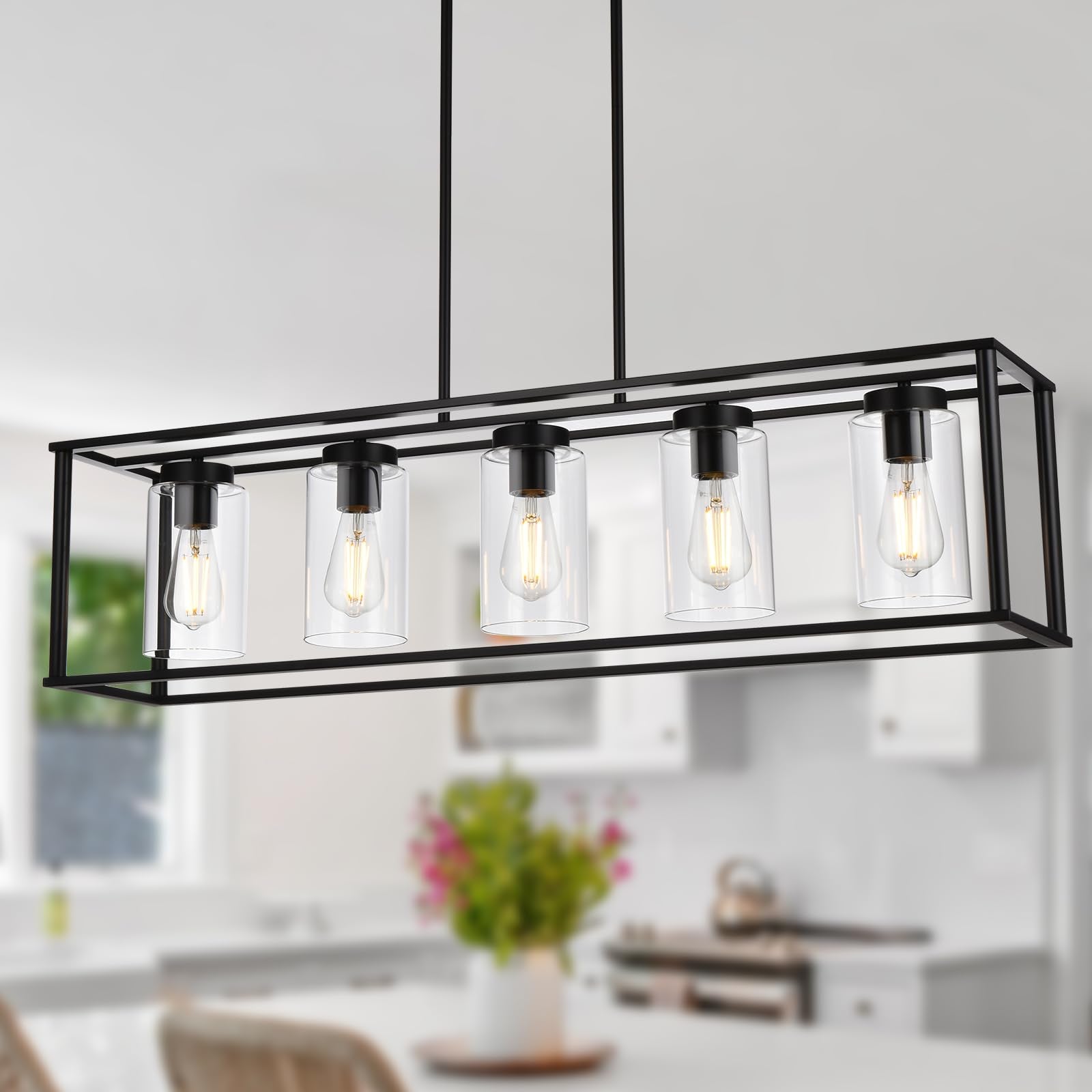 VINLUZ Chandeliers 5 Light Black Metal Kitchen Island Pendant Lighting, Model 1811-5-BL with Glass Shade