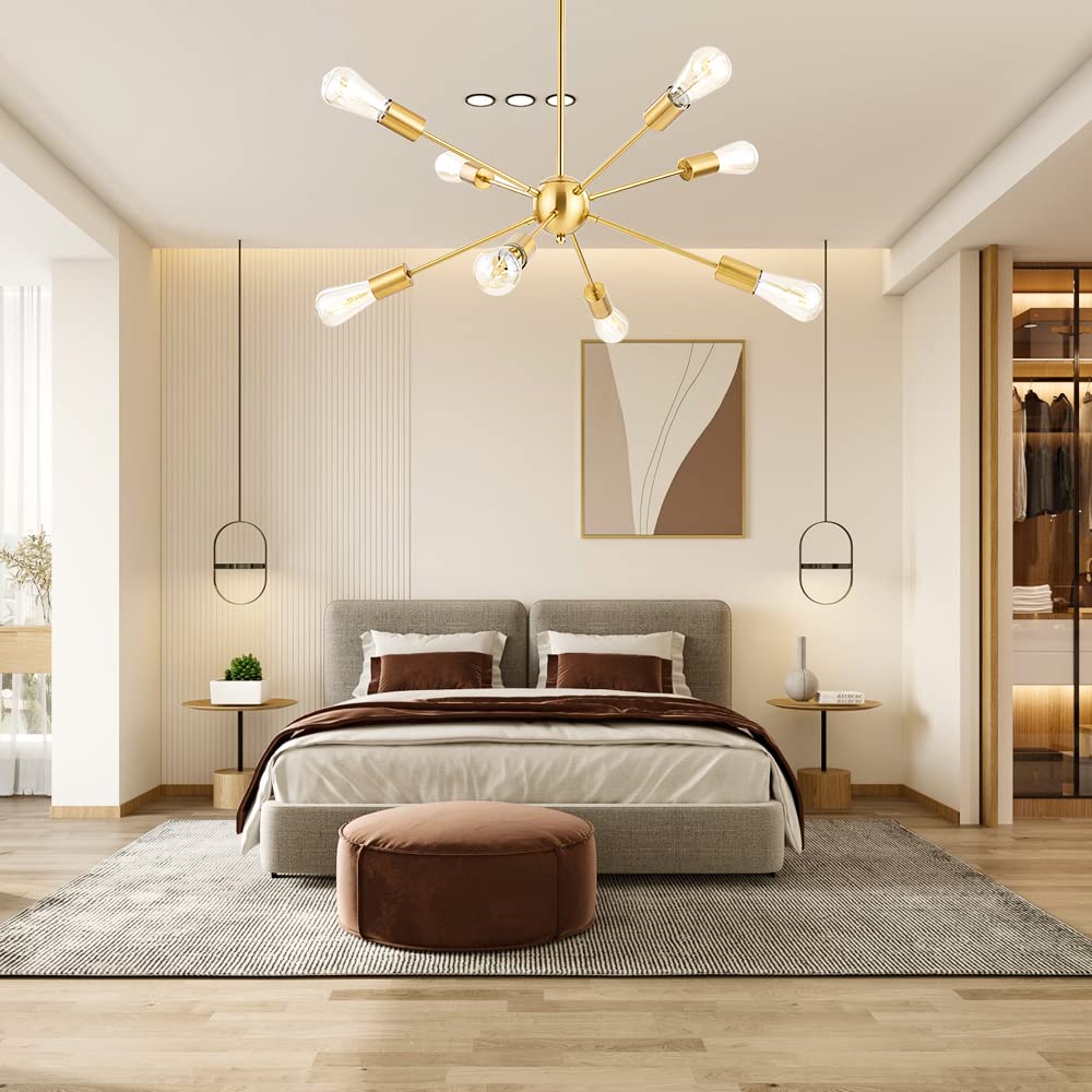 Bonlicht Brushed Brass Sputnik Chandelier 8 Light Mid Century Modern Light Fixture Ceiling Flush Mount Gold Industrial Pendant L