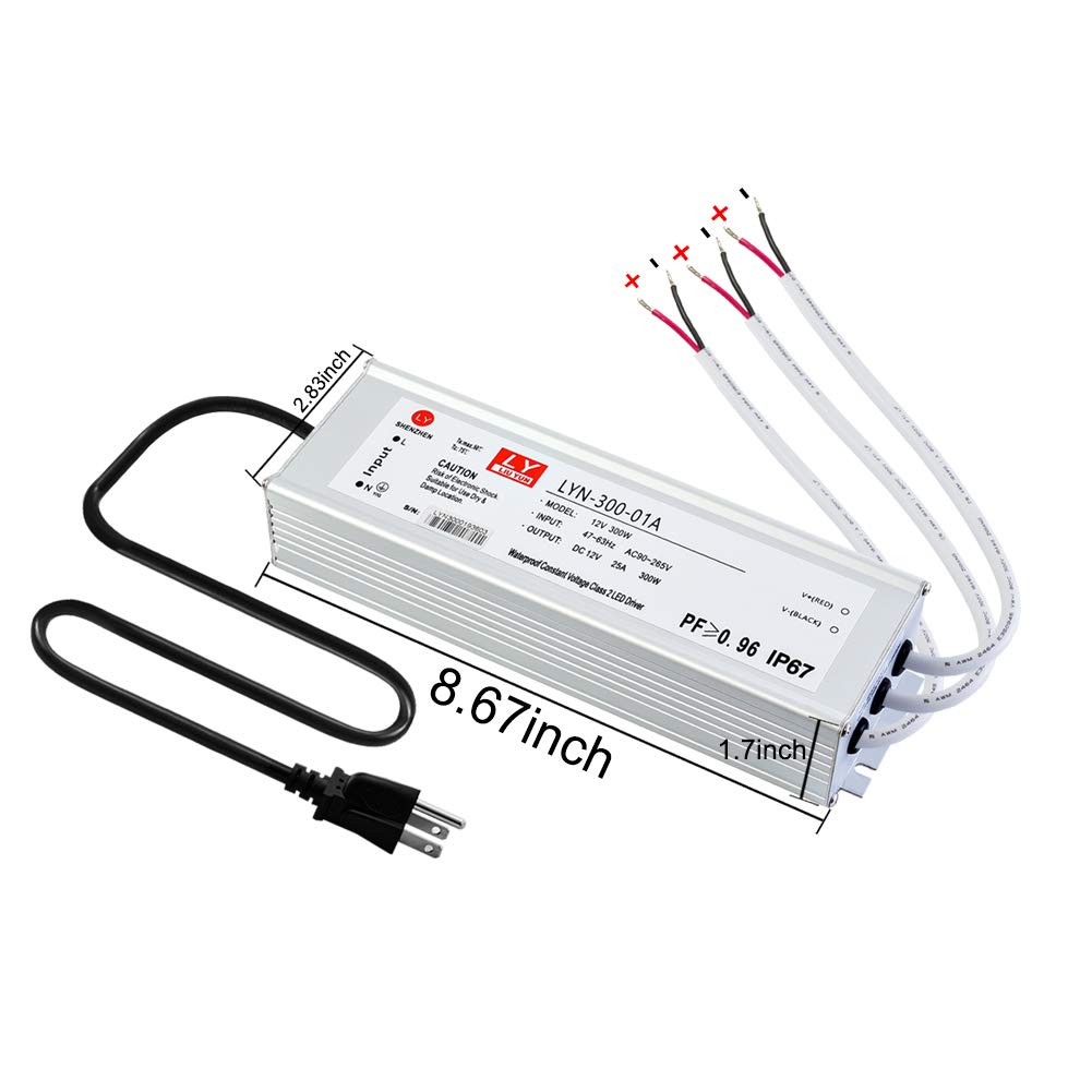 Led Driver 300 Watts (100W X3) 25A Waterproof Ip67 Power Transformer Adapter 90-265V Ac To 12V Dc Low Voltage Output, With 3-Pin