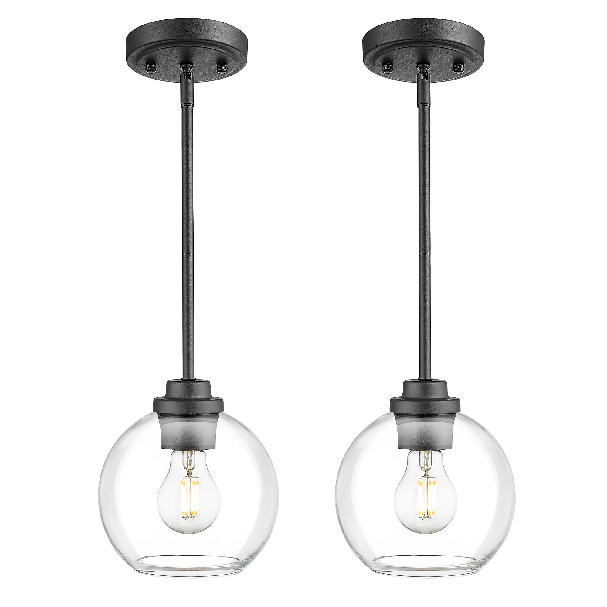 JAZAVA Matte Black Pendant Light Fixture, Mid Century Design, 6.7 inch, 2 Pack, Clear Glass, Model PL101BK-2PK