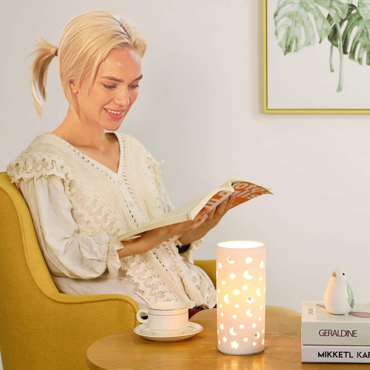Lampwell Modern Ceramic Moon Carving Table Lamp, White, Φ3.54×H7.87IN, Model 21880, Perfect for Living Room & Bedroom