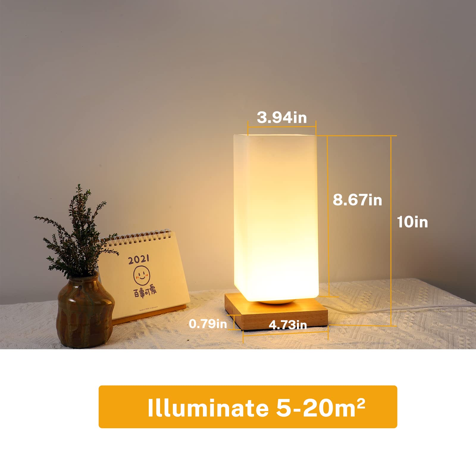 Floresita Dimmable Table Lamp - Frosted Glass Shade, Wood Base, USB Charge, 3 Colors, Model 1001