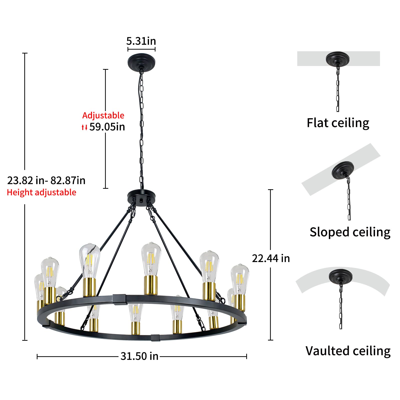 Rviezza 31.5 12 Light Wagon Wheel Chandelier Black Gold, Farmhouse Chandelier, Rustic Dining Room Light Fixture, Vintage Round P