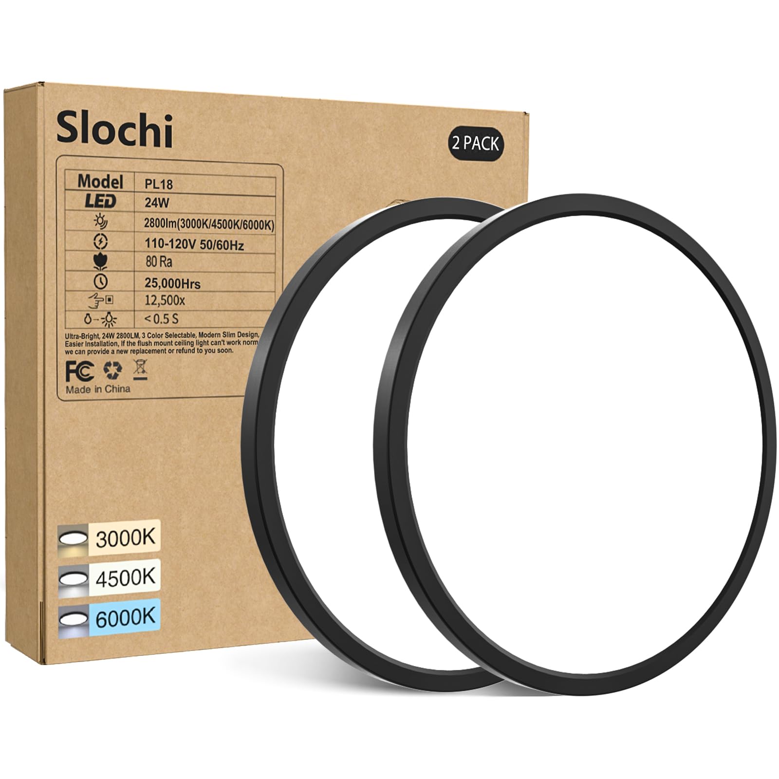 2 Pack LED Flush Mount Ceiling Light Fixture Black, 9Inch 24Watt, 3000k/4500k/6000K LED Ceiling Light, Ultra Slim Flush Mount LE