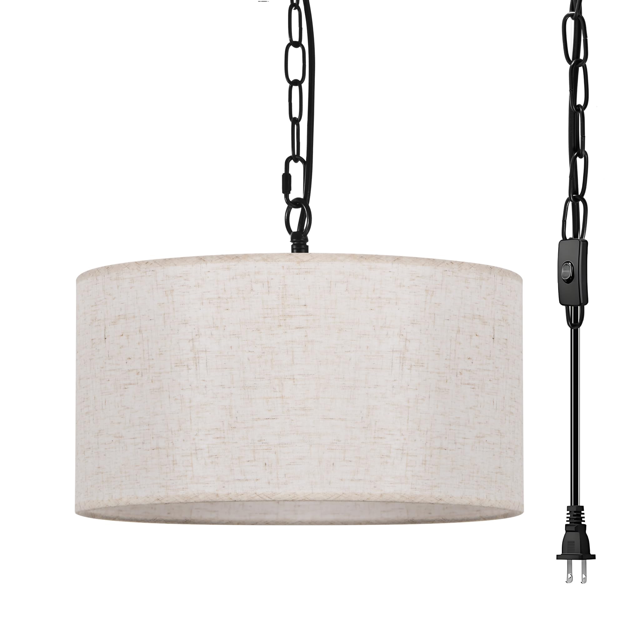 Mingraphy 3-Light Plug in Pendant Light with Linen Drum Shade, 15FT Cord & 11.8FT Chain, Adjustable Hanging Height Chandelier wi