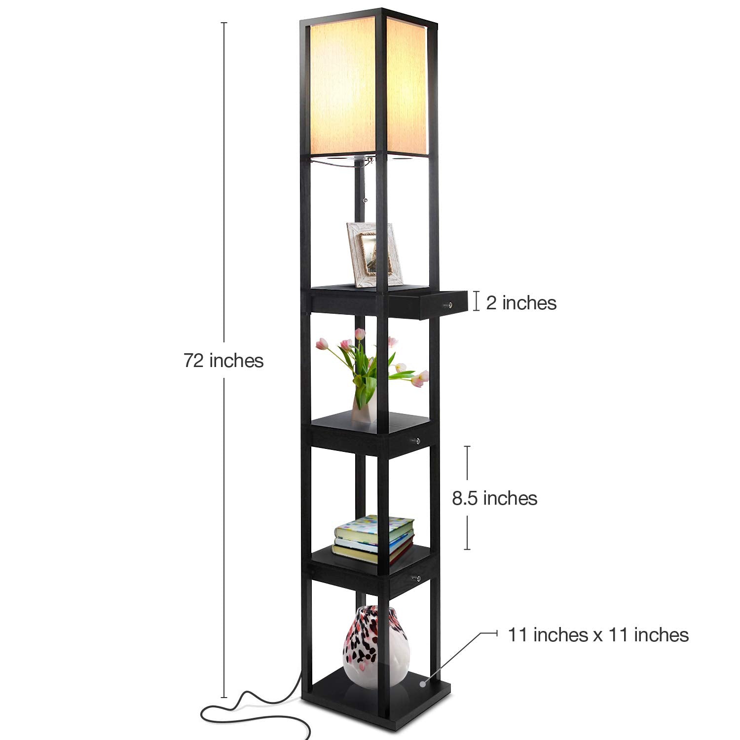 Brightech Maxwell Drawer Edition Floor Lamp - Modern Shelf Design for Living Room, Bedroom, Office - Classic Black